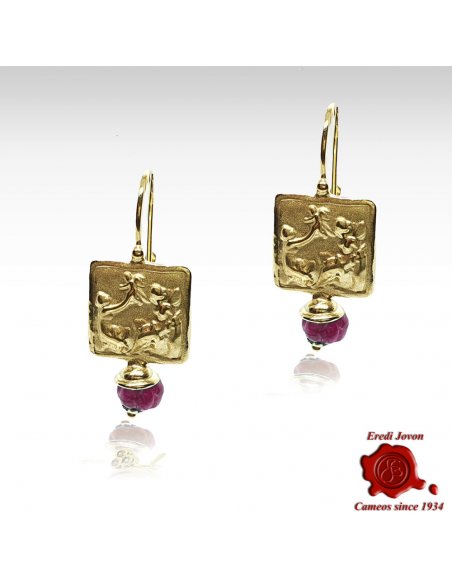 Dangle Gold Intaglio Earrings with Ruby