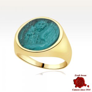 Lion Gold Intaglio Signet Seal Ring - Green Lagune