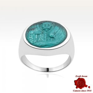 Lion Silver Intaglio Signet Ring - Green Lagune
