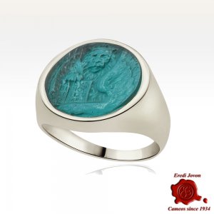 Lion Silver Intaglio Signet Ring - Green Lagune 2