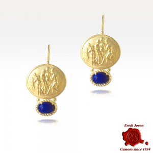 Gold Engraved Earrings with Lapis