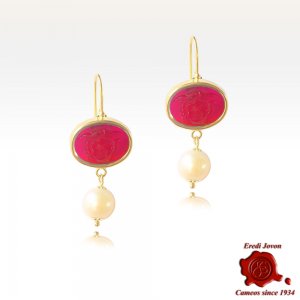 Medusa Dangle Intaglio Earrings in Gold - Red 2