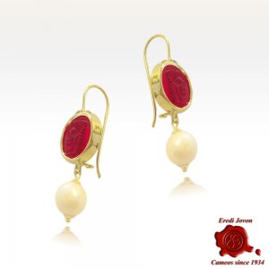 Medusa Dangle Intaglio Earrings in Gold - Red