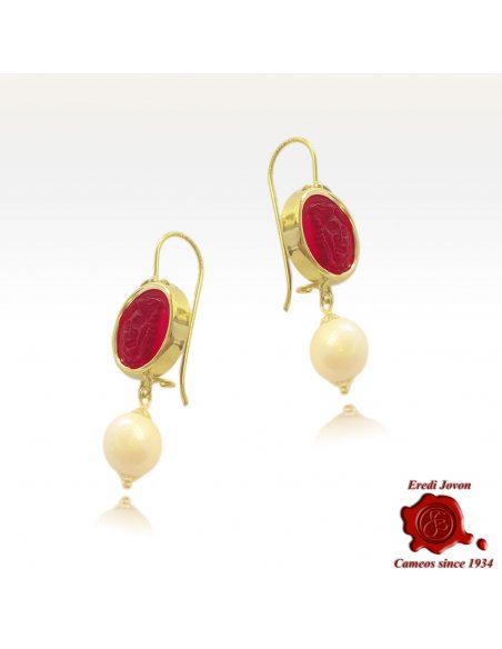 Medusa Dangle Intaglio Earrings in Gold - Red