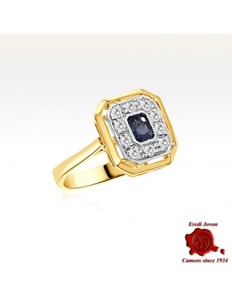 Anello Vecchio Zaffiro e Brillanti Quadrato