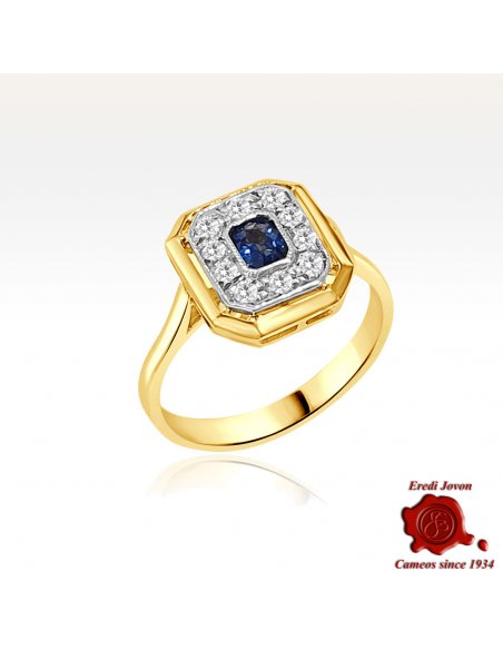 Anello Vittoriano Zaffiro e Brillanti Quadrato