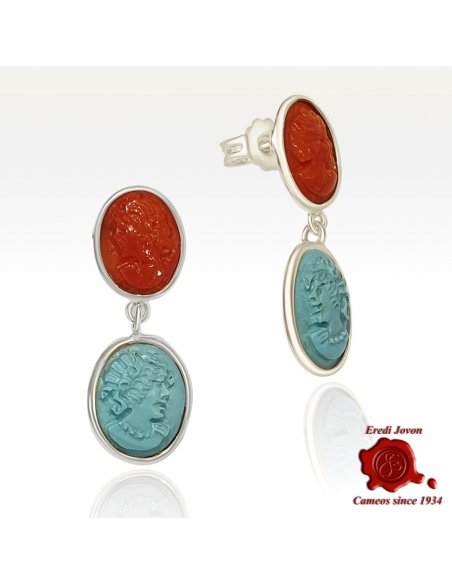 Handmade Silver Drop Earrings with Coral and Turquoise Cameos
