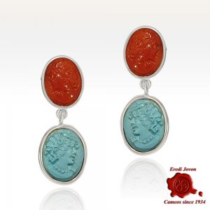 Handmade Silver Drop Earrings with Coral and Turquoise Cameos 2
