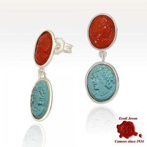Handmade Silver Drop Earrings with Coral and Turquoise Cameos