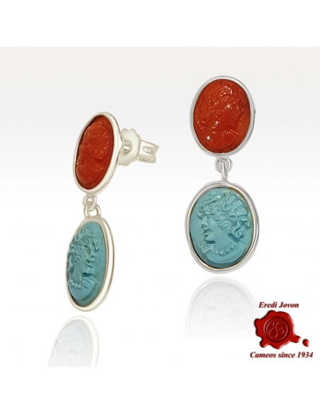 Handmade Silver Drop Earrings with Coral and Turquoise Cameos