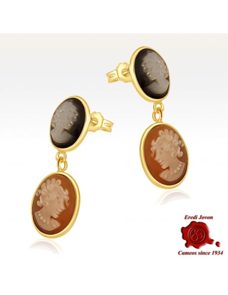 Drop Gold Cameo Earrings: Mother-of-Pearl and Traditional Shell