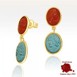 Gold Drop Earrings with Coral and Turquoise Cameos