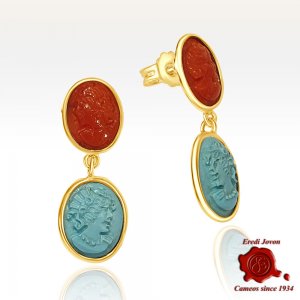 Gold Drop Earrings with Coral and Turquoise Cameos 2