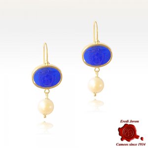 Medusa Dangle Blu Intaglio Earrings in Gold