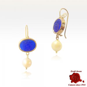 Medusa Dangle Blu Intaglio Earrings in Gold 2