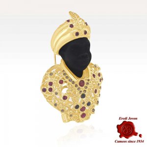 Spilla moretto veneziano in argento dorato con rubini e brillanti